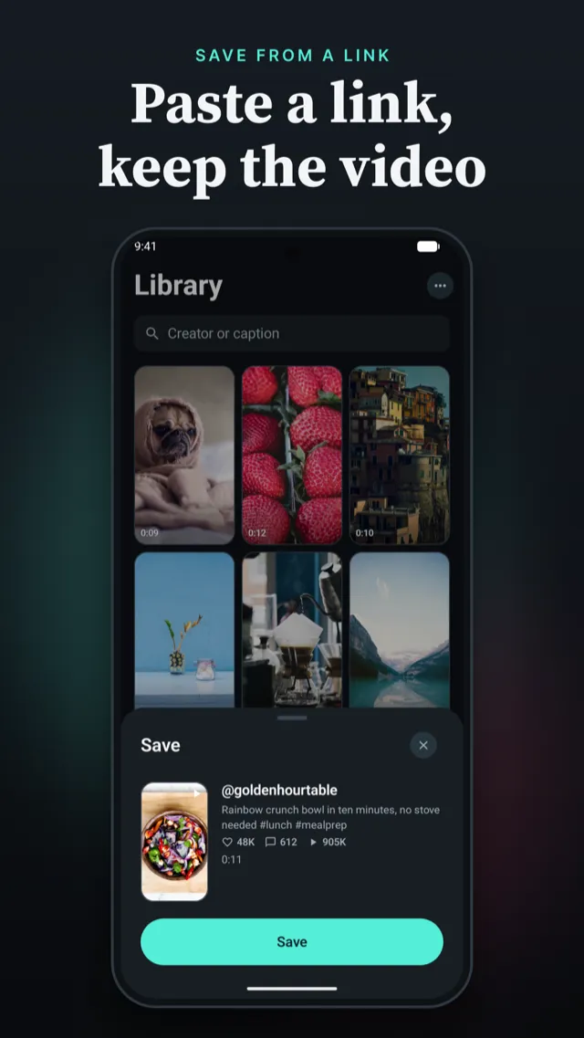 PocketTok on Android showing a TikTok video ready to save